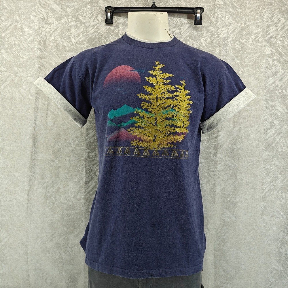 Belton Shirt Men L Blue Double Collar Roll Sleeve Single Stitch USA Glitter Tree